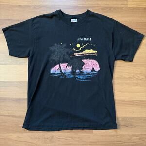Vintage 80's Antigua Island Caribbean Black Neon Multicolor Tee Shirt Sz Large